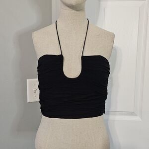 Zara Black Textured Crop Top with Label Detail